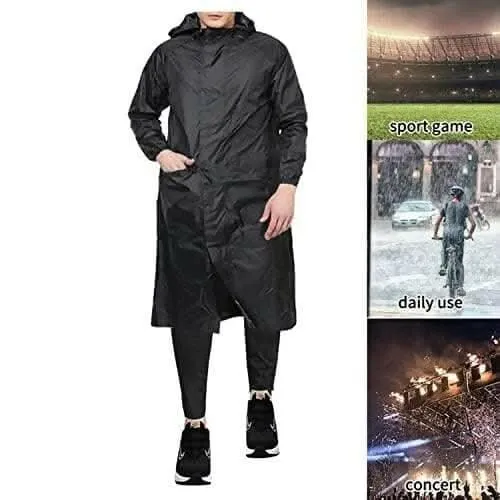 LONG RAINCOAT Men's Nylon Hooded Waterproof Full Length Size 3XL (Black)