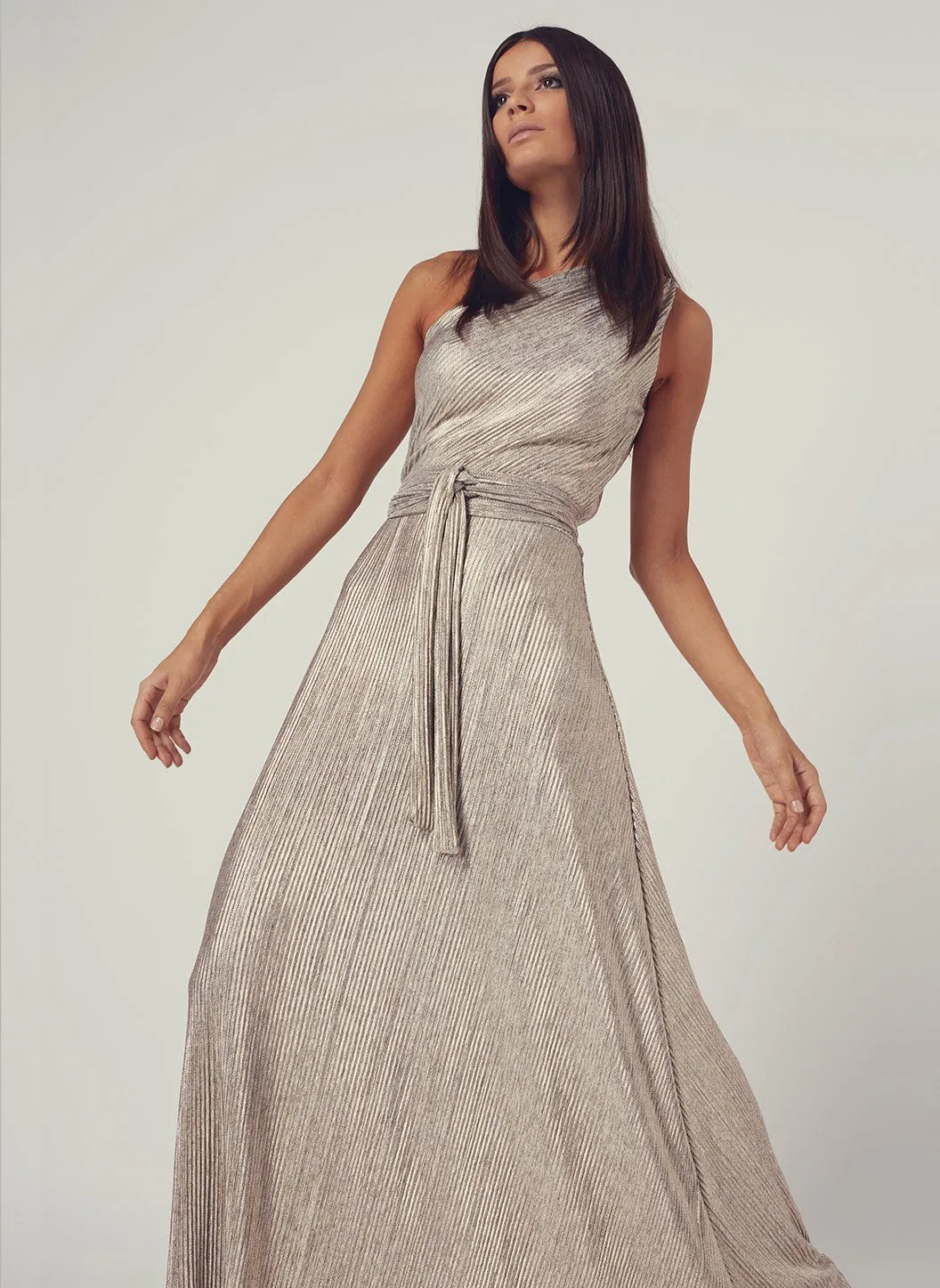 Look 2 One Shoulder Draped Maxi Dress Metal