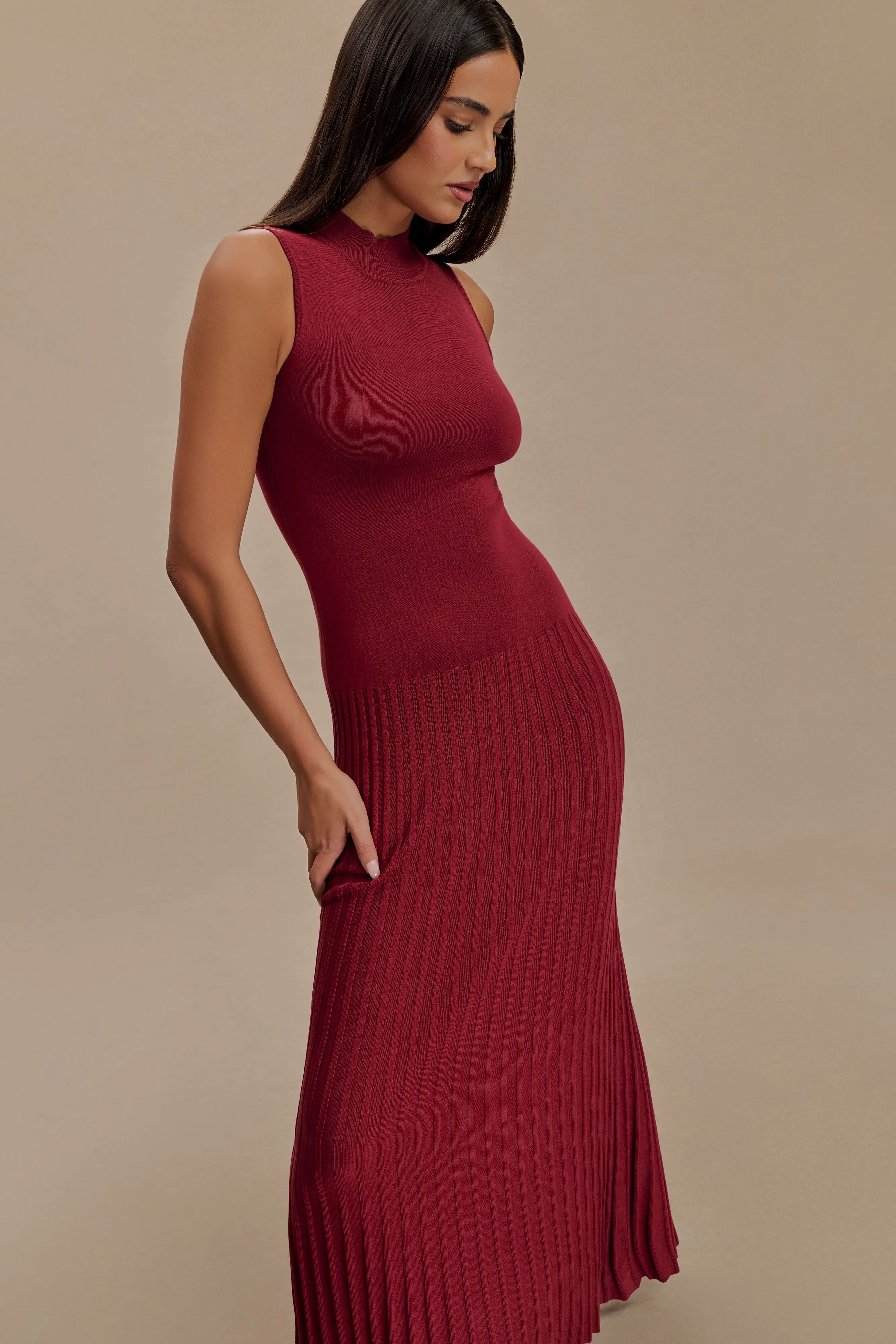 Mavis High Neck Pleated Maxi Dress - Mahogany