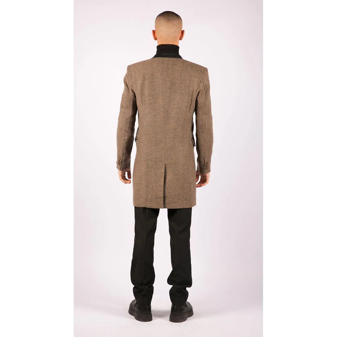 Mens 3/4 Long Overcoat Jacket Herringbone Tweed Coat Peaky Blinders Fit