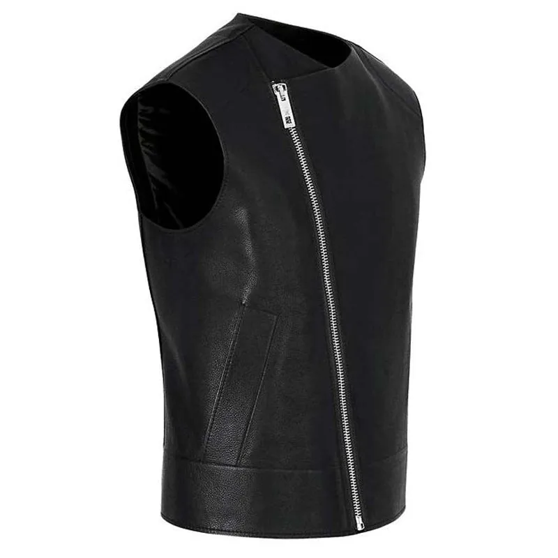 Men’s Black Leather Biker Vest Slim Fit