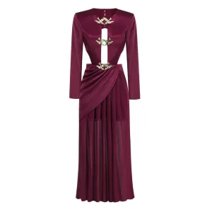 Metal Bird Detail Plunge Neck Long Sleeve Cutout Back Draped Split Maxi Evening Dress