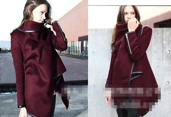 New Autumn Winter Trench Coat Women Irregular Collar Lapel Side Zipper Woolen Coat Women Loose Sweater Outwear Plus Size