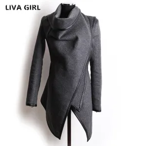 New Autumn Winter Trench Coat Women Irregular Collar Lapel Side Zipper Woolen Coat Women Loose Sweater Outwear Plus Size