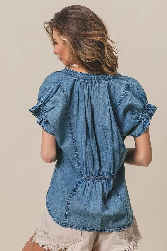 NEW!! Cassidy Ruffle Washed Denim Top