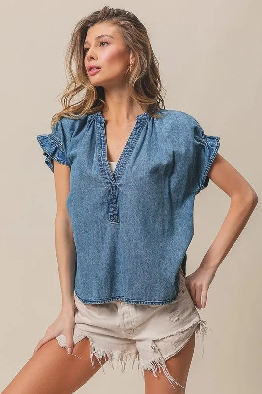 NEW!! Cassidy Ruffle Washed Denim Top