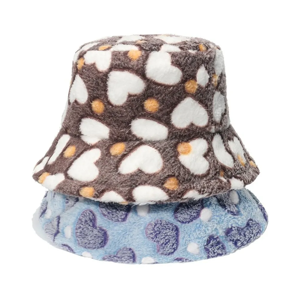 NEWBLOM Love Hearts Print Warm Bucket Hat Casual Cute Fisherman Hat