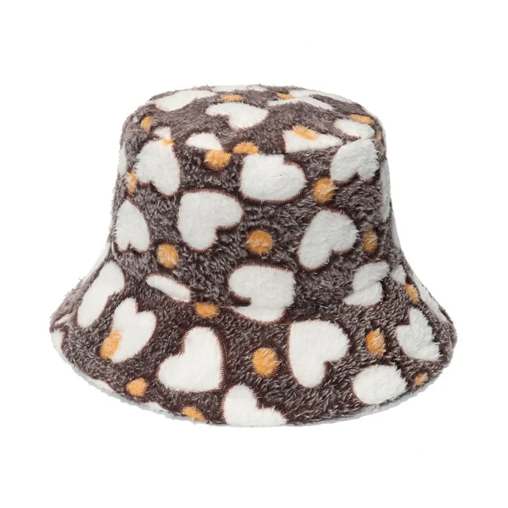 NEWBLOM Love Hearts Print Warm Bucket Hat Casual Cute Fisherman Hat