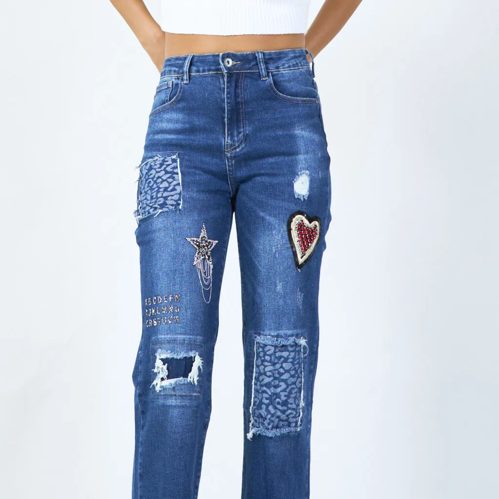 Patchwork embellished straight-leg jeans wholesale