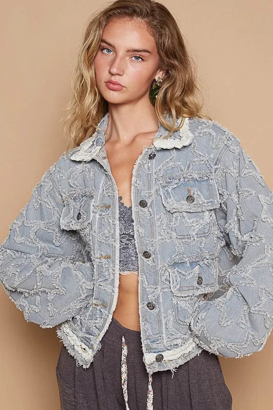 POL Star Distressed Denim Lace Collar Frayed Large Pocket Button Cotton Jacket