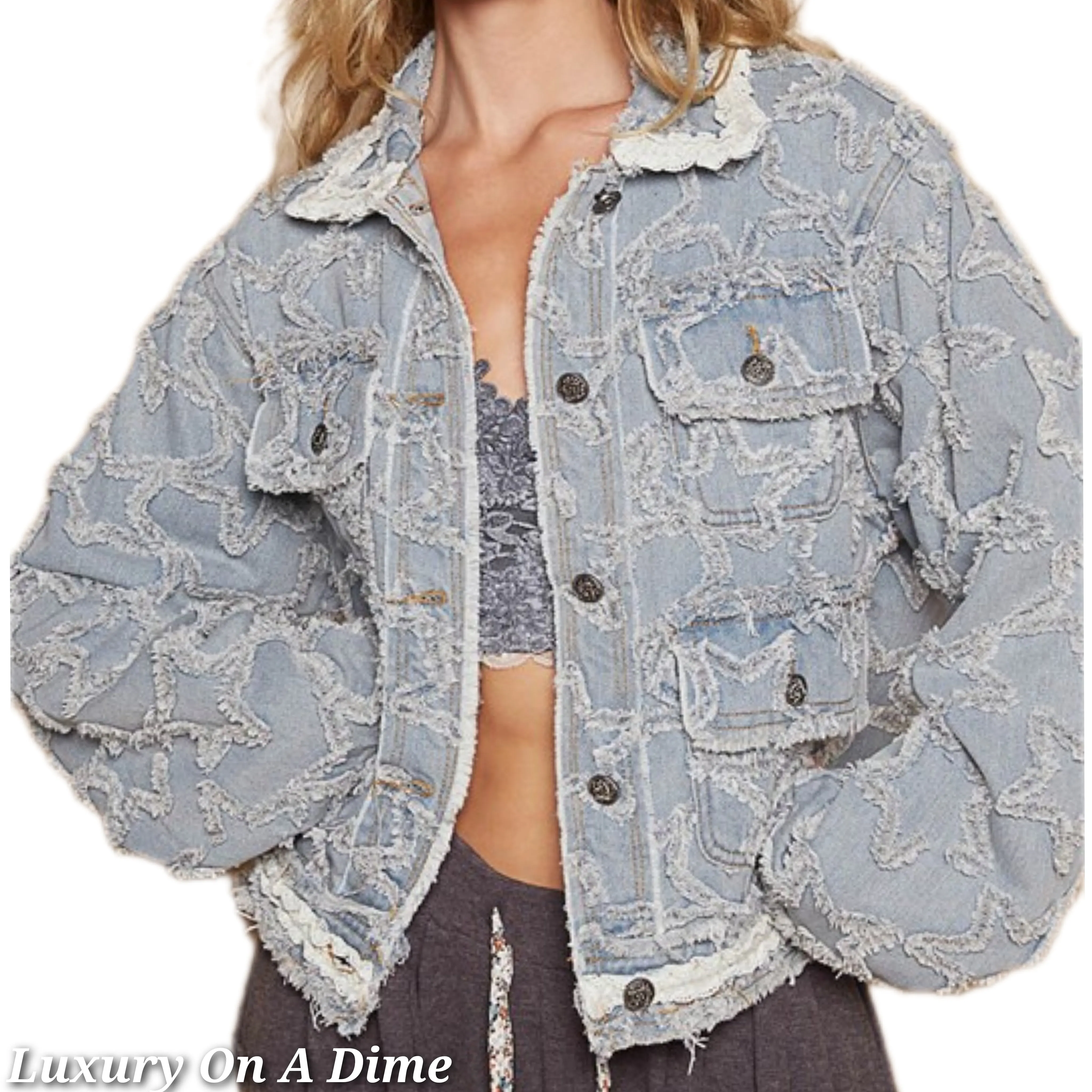 POL Star Distressed Denim Lace Collar Frayed Large Pocket Button Cotton Jacket