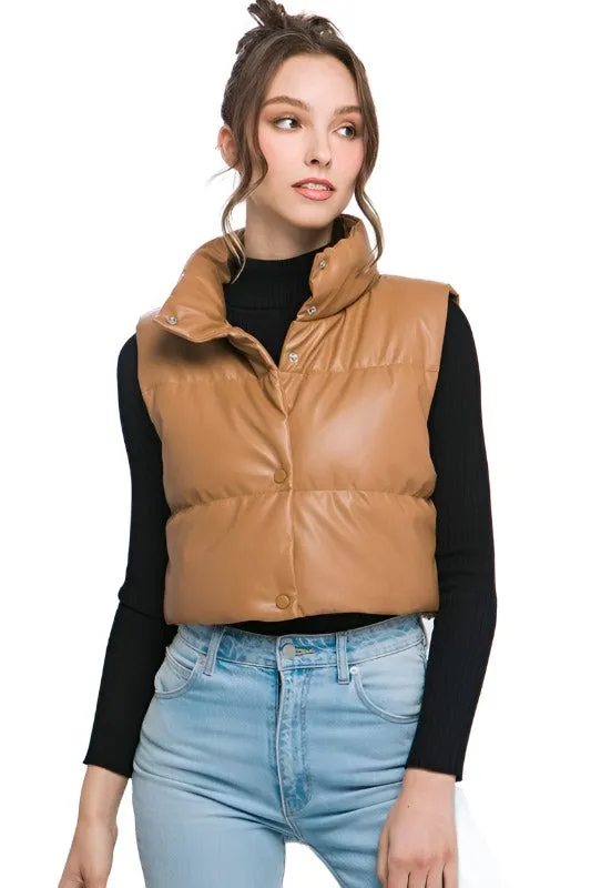 PU Faux Leather Puffer Vest With Snap Button