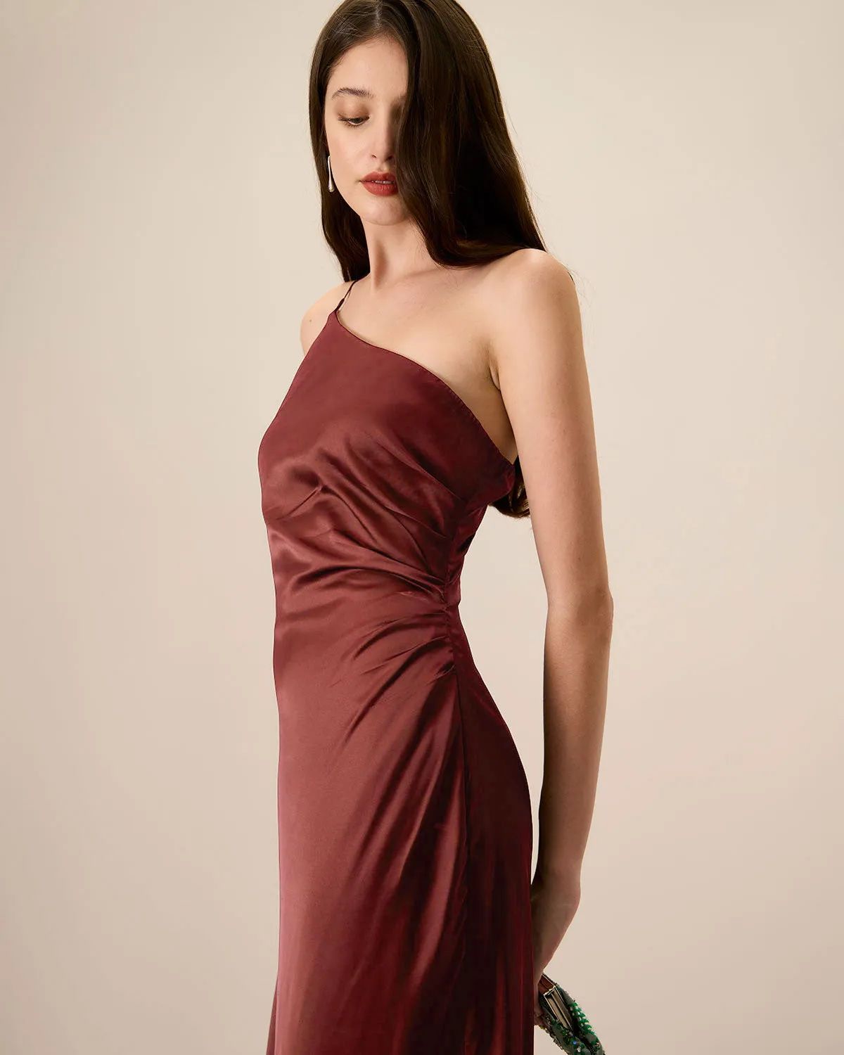 Red One-shoulder Satin Maxi Dress