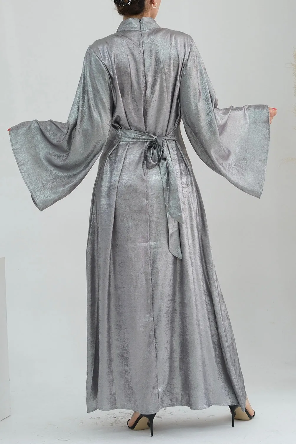 Rola Shiny High Collar Maxi Dress Abaya 777-Light gray