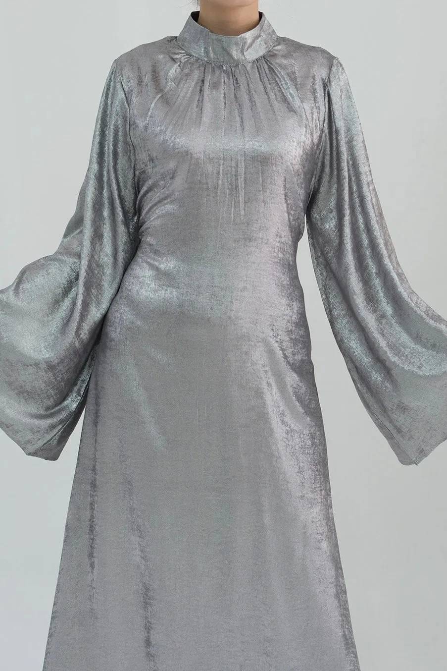 Rola Shiny High Collar Maxi Dress Abaya 777-Light gray