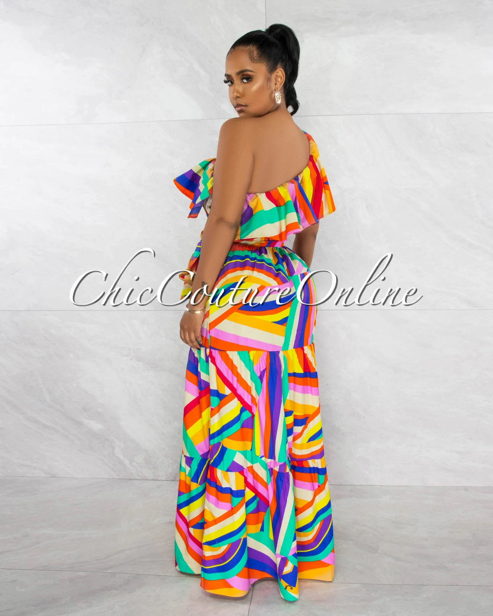 Rosalinda Multi-Color Print Single Shoulder Ruffle Maxi Dress