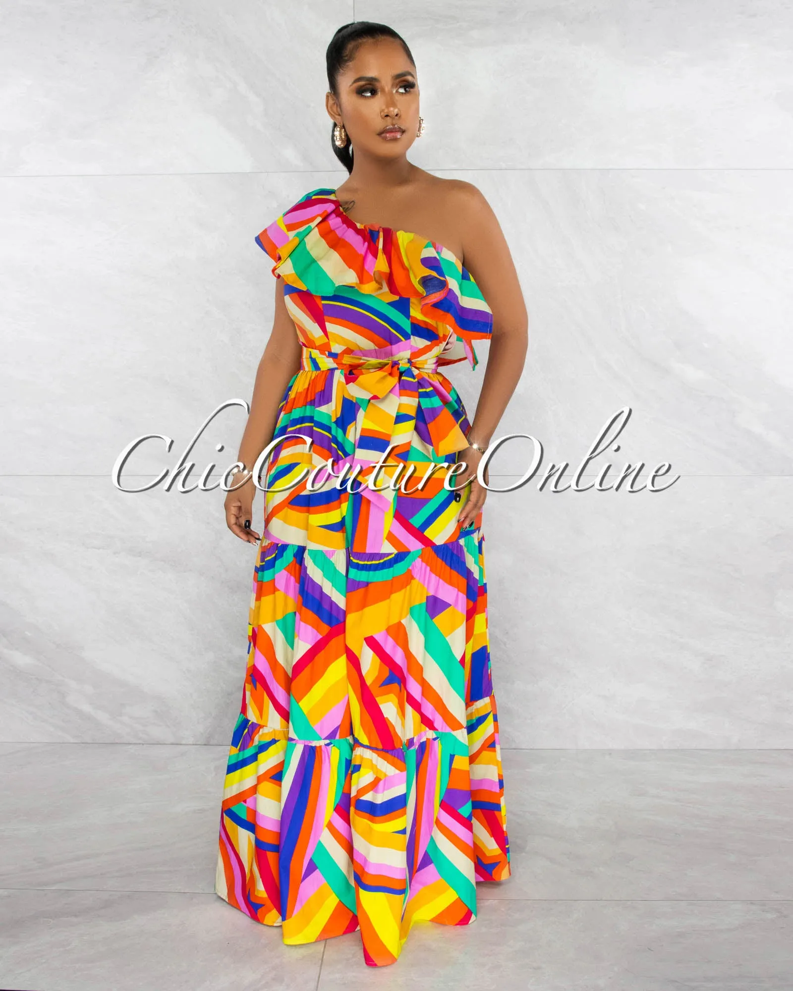 Rosalinda Multi-Color Print Single Shoulder Ruffle Maxi Dress