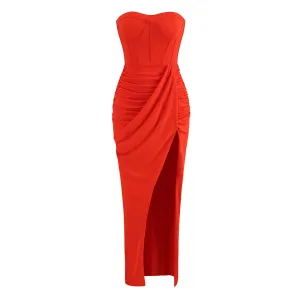 Striking Sweetheart Corset Bandeau Draped Ruched Thigh Split Maxi Evening Dress