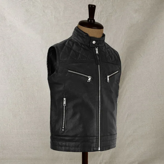 Top Quality Men's Genuine Leather Biker Vest Black