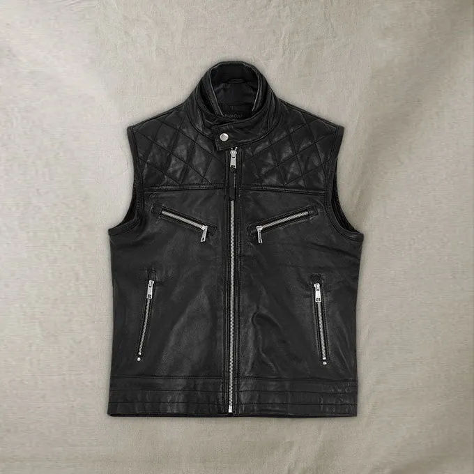 Top Quality Men's Genuine Leather Biker Vest Black