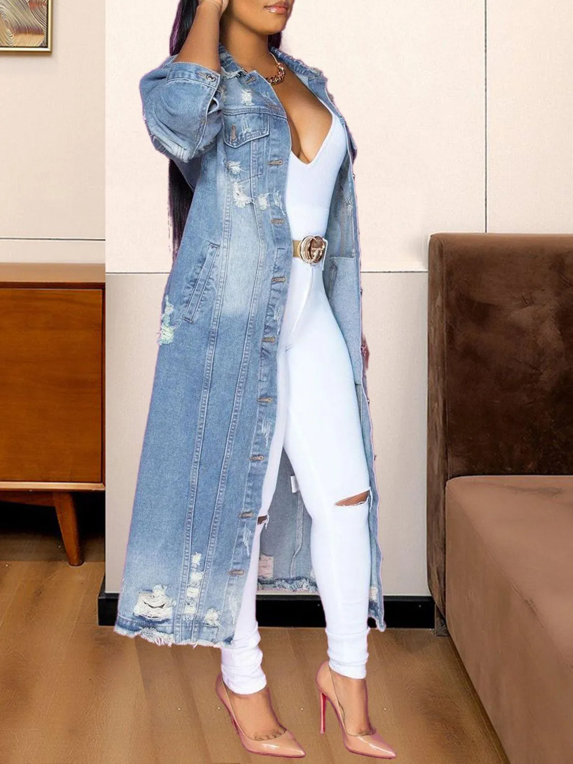 Tori Long Distressed Denim Jacket