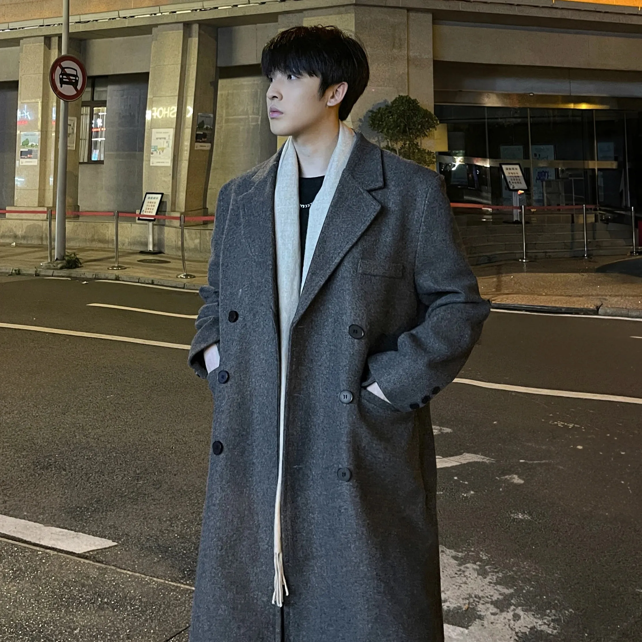 Wiaofellas  -  Winter Long Trenchcoat Men Korean-style Solid Double Breasted Woolen Coat Loose Casual Trench Outwear Solid Color Overcoats