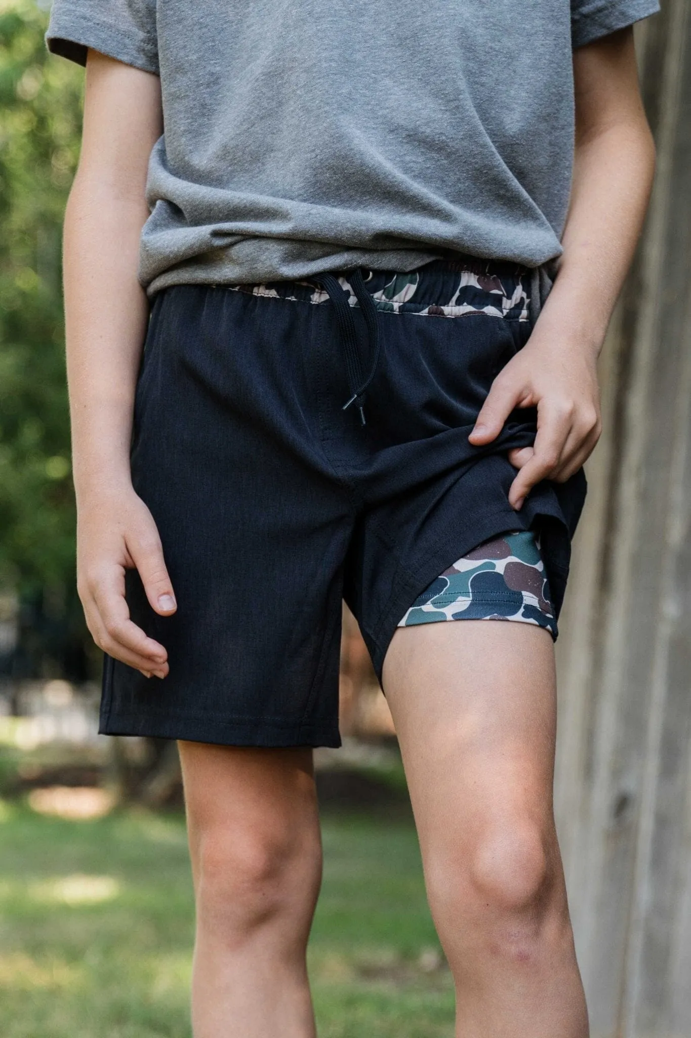 Youth Athletic Short - Heather Black - Throwback Camo Liner